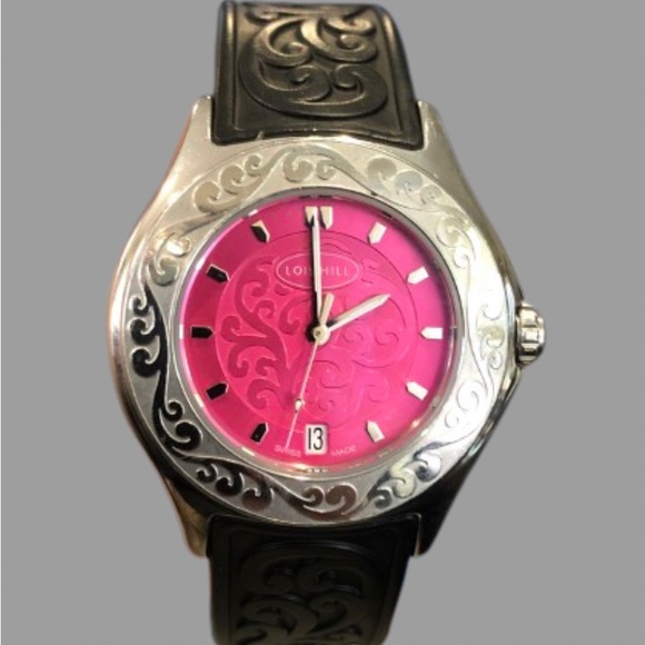 LOIS HILL Round Hot Pink Scroll Face Watch Filigree Rubber Band Sapphire Crystal - Picture 17 of 17